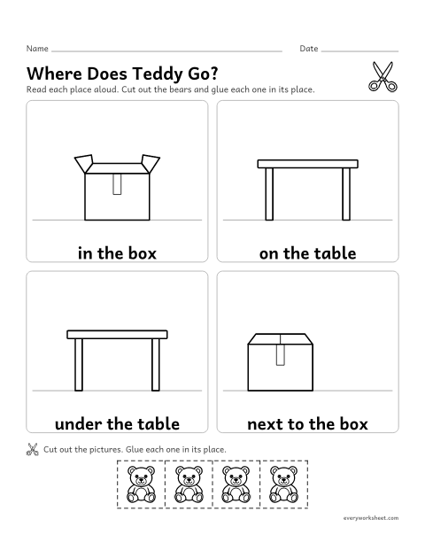 Preview of the printable “Position words cut and paste” worksheet: placing a picture in, on, under and next to