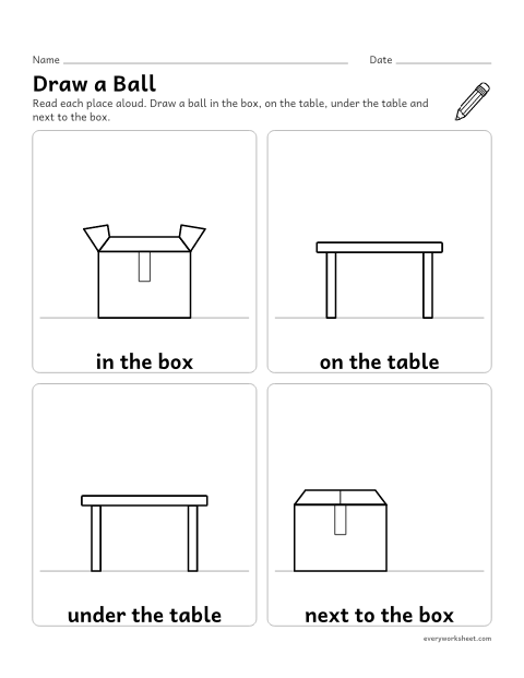 Preview of the printable “Position Words: draw a ball” worksheet: showing in, on, under and next to by drawing