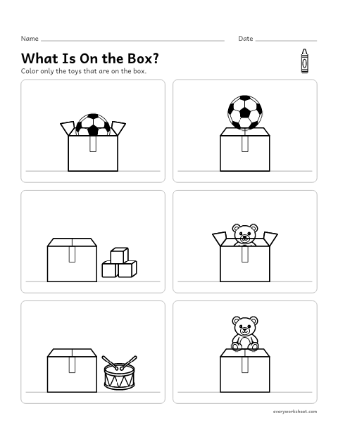 Preview of the printable “On and in position Words: color the toys on the box” worksheet: finding things that are on