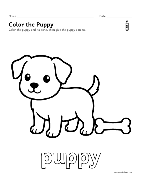 Preview of the printable “Puppy coloring page” worksheet: coloring a big picture of a puppy with crayons