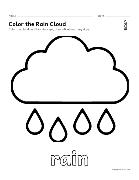 Preview of the printable “Rain cloud coloring page” worksheet: coloring a big picture of a rain cloud with crayons