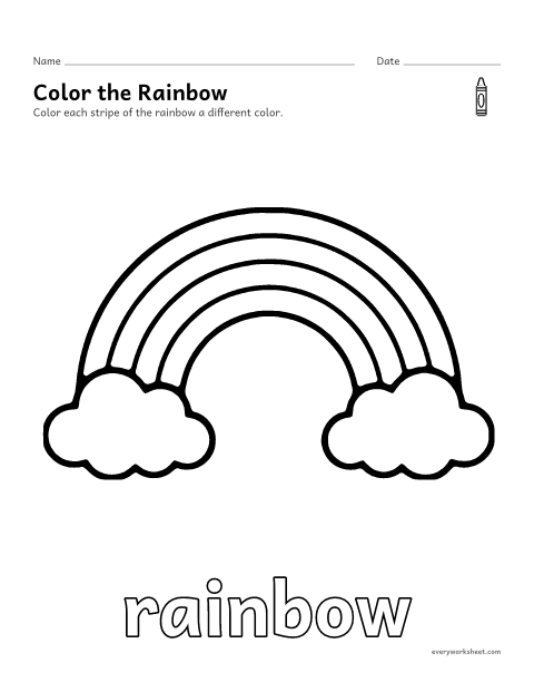 Preview of the printable “Rainbow coloring page” worksheet: coloring a big picture of a rainbow with crayons