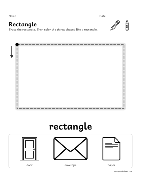 Preview of the printable “Rectangle shape worksheet for preschool” worksheet: tracing a rectangle and finding rectangles in everyday things
