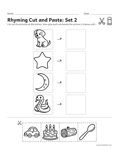 Preview of the printable “Rhyming cut and Paste: set 2” worksheet: matching pictures whose names rhyme