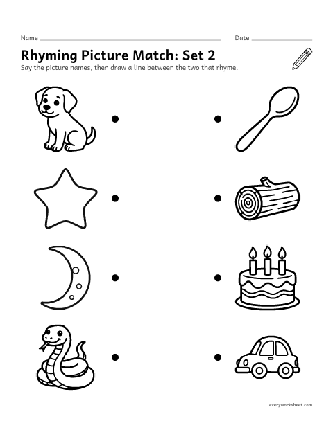 Preview of the printable “Rhyming picture Match: set 2” worksheet: matching pictures whose names rhyme