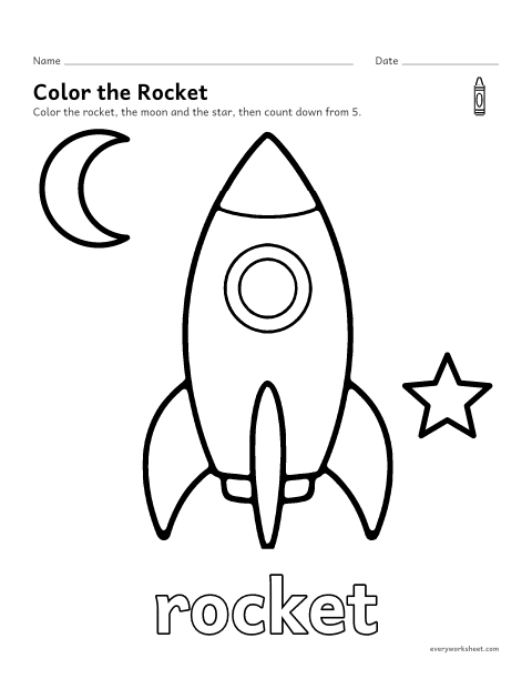 Preview of the printable “Rocket coloring page” worksheet: coloring a big picture of a rocket with crayons