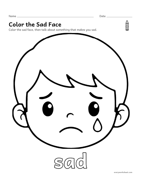 Preview of the printable “Sad face coloring page” worksheet: naming the feeling sad