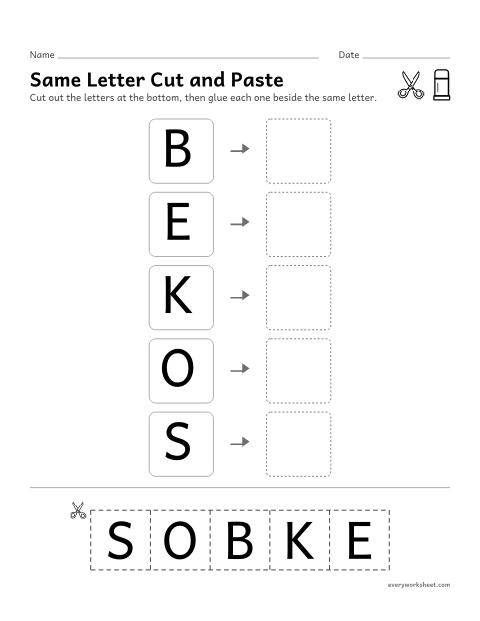 Preview of the printable “Same letter cut and paste” worksheet: matching letters that are the same