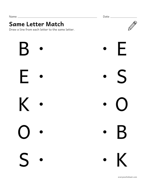 Preview of the printable “Same letter match” worksheet: matching letters that are the same