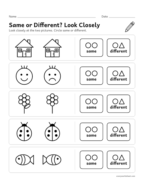 Preview of the printable “Same or Different? look closely” worksheet: comparing details to tell same from different