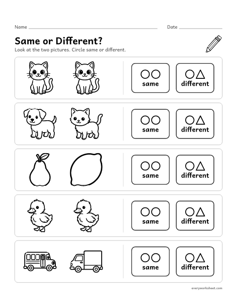 Preview of the printable “Same or Different?” worksheet: telling whether two pictures are the same or different