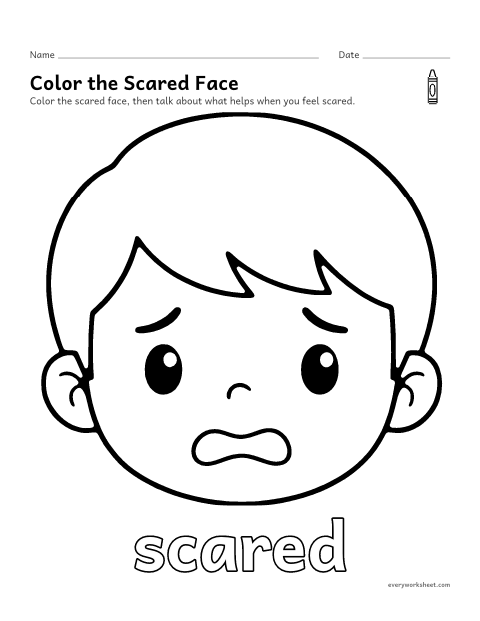 Preview of the printable “Scared face coloring page” worksheet: naming the feeling scared