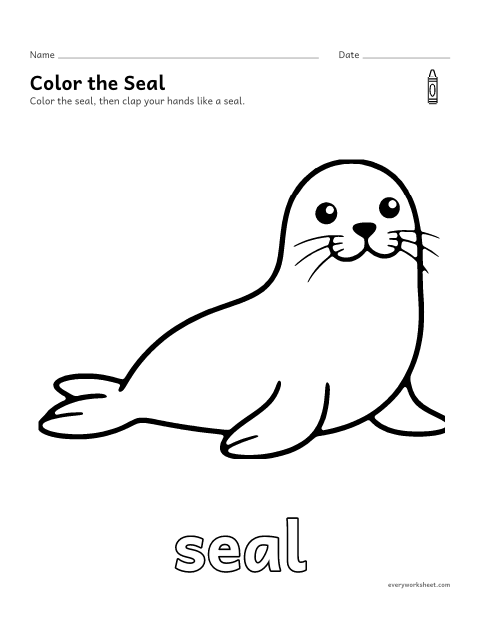 Preview of the printable “Seal coloring page” worksheet: coloring a big picture of a seal with crayons