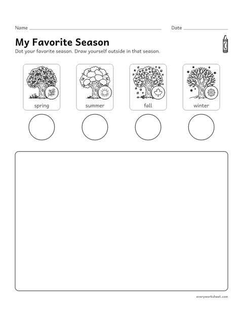 Preview of the printable “My favorite season drawing page for preschool” worksheet: choosing a favorite season and drawing what it looks like