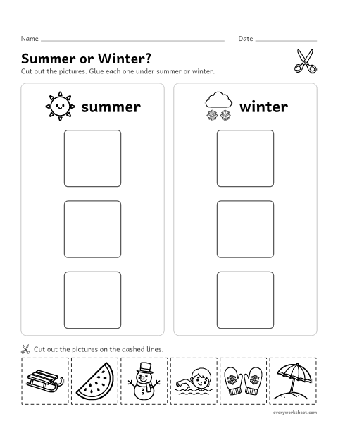 Preview of the printable “Summer or winter cut and paste for preschool” worksheet: sorting things we do and wear into summer and winter