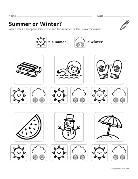 Preview of the printable “Summer or winter worksheet for preschool” worksheet: sorting things we do and wear into summer and winter