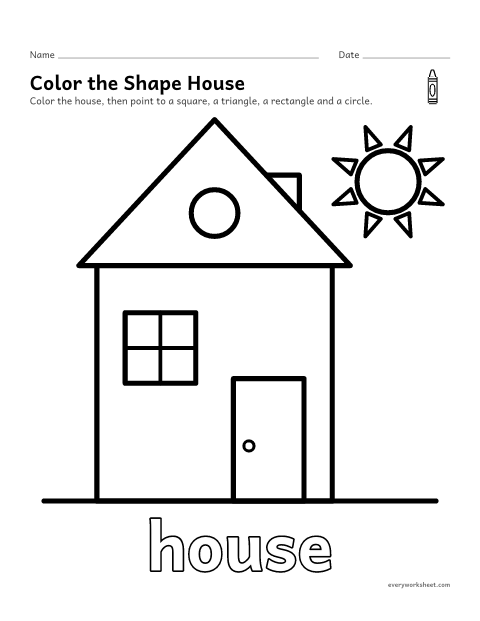 Preview of the printable “Shape house coloring page” worksheet: finding circles, squares, triangles and rectangles in a picture