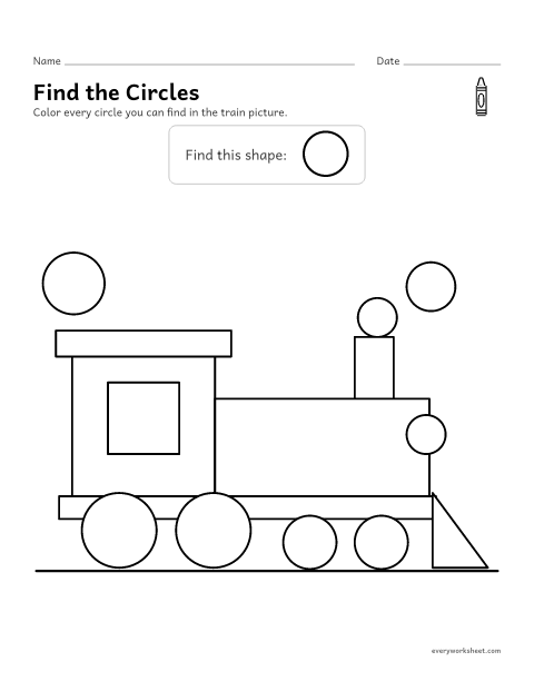 Preview of the printable “Find the Circles: shape hunt train” worksheet: finding circles in a picture made of shapes