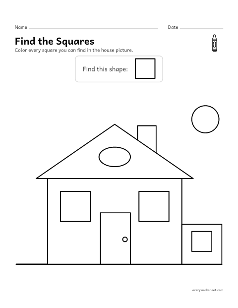 Preview of the printable “Find the Squares: shape hunt house” worksheet: finding squares in a picture made of shapes
