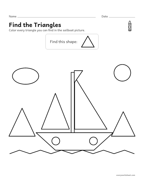 Preview of the printable “Find the Triangles: shape hunt sailboat” worksheet: finding triangles in a picture made of shapes
