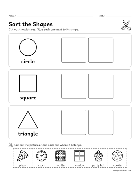 Preview of the printable “Shape sort cut and paste” worksheet: sorting everyday things by shape