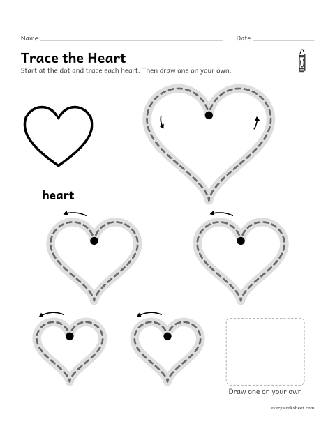 Preview of the printable “Trace the heart for preschool” worksheet: tracing a heart and drawing one alone