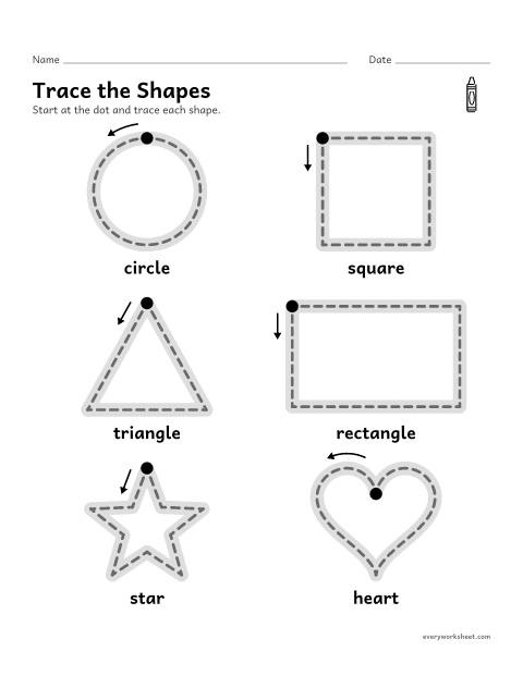 Preview of the printable “Trace the shapes review” worksheet: tracing a circle, square, triangle, rectangle, star and heart