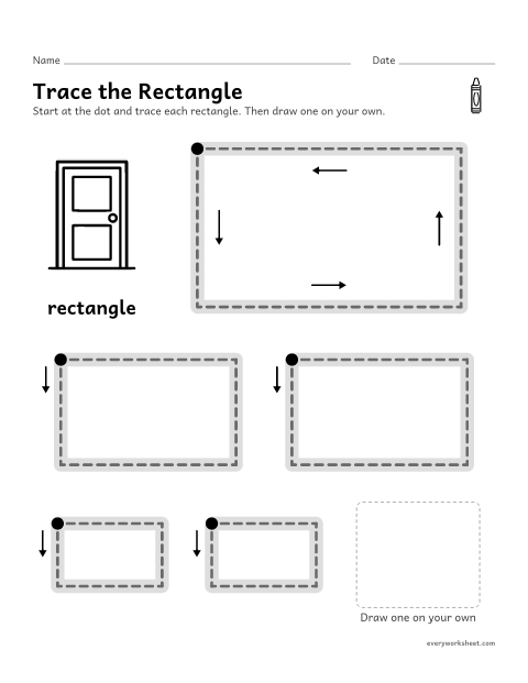 Preview of the printable “Trace the rectangle for preschool” worksheet: tracing a rectangle and drawing one alone