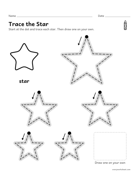 Preview of the printable “Trace the star for preschool” worksheet: tracing a star and drawing one alone