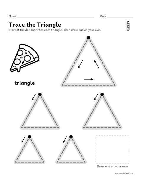 Preview of the printable “Trace the triangle for preschool” worksheet: tracing a triangle and drawing one alone