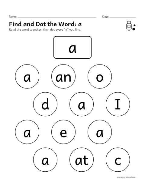 Preview of the printable “Find and dot the Word: a” worksheet: finding the sight word a