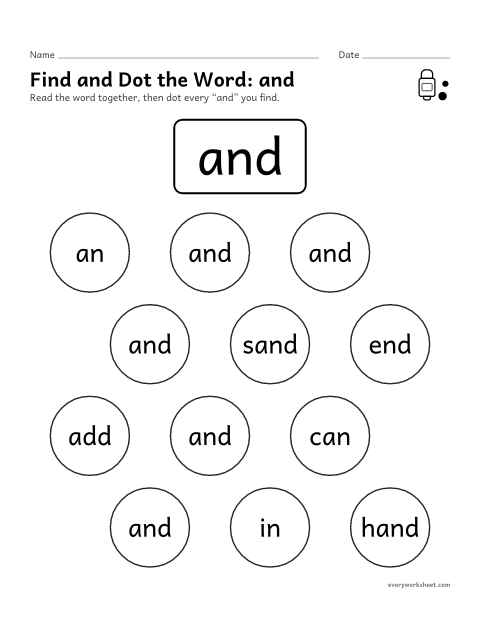 Preview of the printable “Find and dot the Word: and” worksheet: finding the sight word and