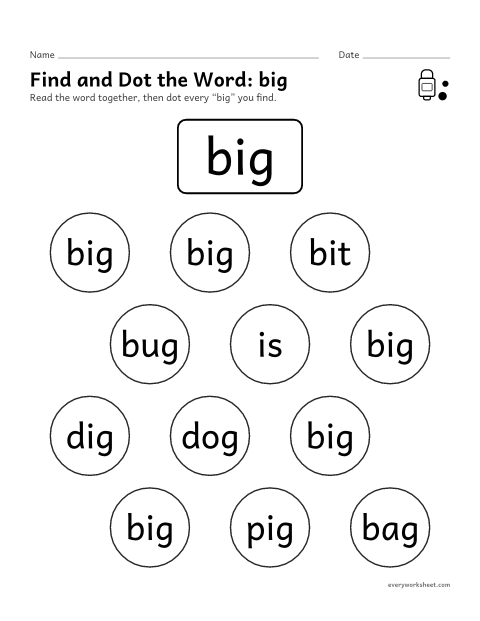 Preview of the printable “Find and dot the Word: big” worksheet: finding the sight word big
