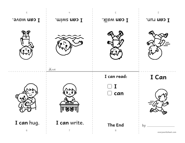 Preview of the printable “Sight word mini Book: I can” worksheet: reading a first sight word book with I, can