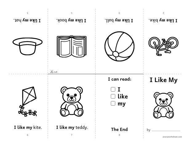 Preview of the printable “Sight word mini Book: I like my” worksheet: reading a first sight word book with I, like, my