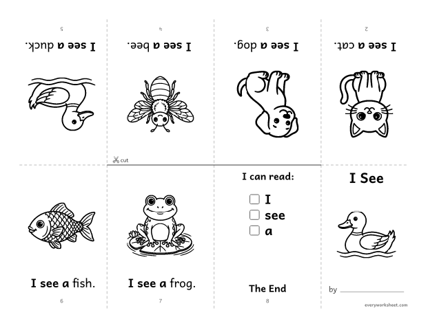 Preview of the printable “Sight word mini Book: I see” worksheet: reading a first sight word book with I, see, a