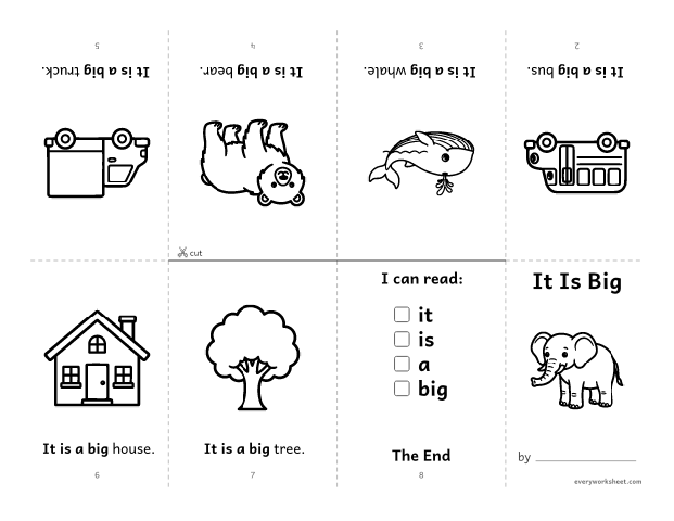 Preview of the printable “Sight word mini Book: it is big” worksheet: reading a first sight word book with it, is, a, big