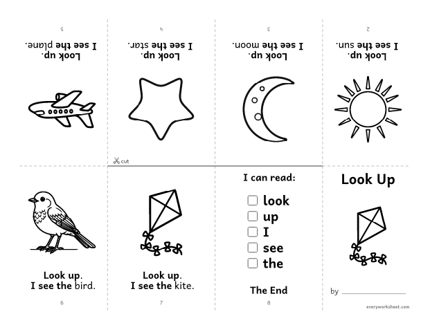 Preview of the printable “Sight word mini Book: look up” worksheet: reading a first sight word book with look, up, I, see, the