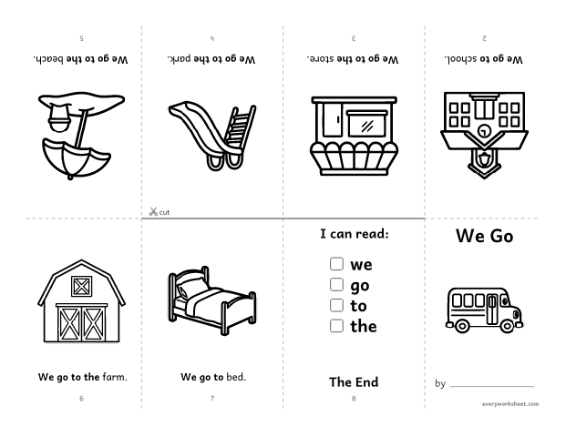Preview of the printable “Sight word mini Book: we go” worksheet: reading a first sight word book with we, go, to, the
