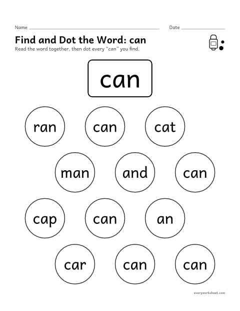 Preview of the printable “Find and dot the Word: can” worksheet: finding the sight word can