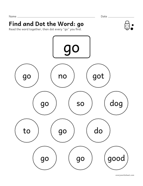 Preview of the printable “Find and dot the Word: go” worksheet: finding the sight word go