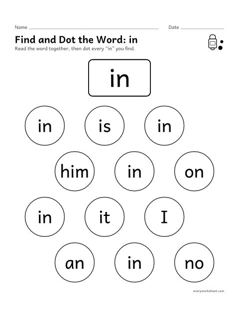 Preview of the printable “Find and dot the Word: in” worksheet: finding the sight word in
