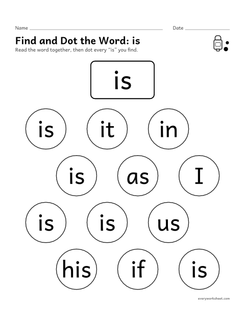 Preview of the printable “Find and dot the Word: is” worksheet: finding the sight word is