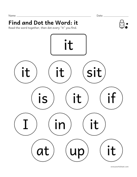 Preview of the printable “Find and dot the Word: it” worksheet: finding the sight word it