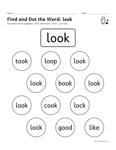 Preview of the printable “Find and dot the Word: look” worksheet: finding the sight word look