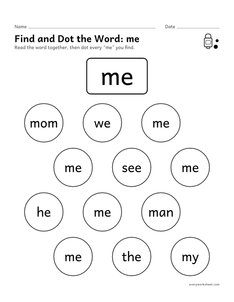 Preview of the printable “Find and dot the Word: me” worksheet: finding the sight word me