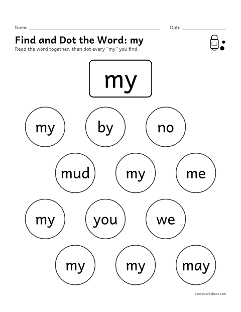 Preview of the printable “Find and dot the Word: my” worksheet: finding the sight word my
