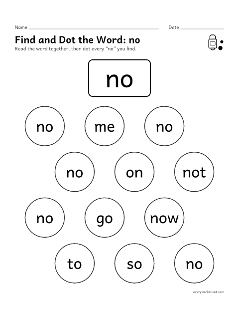 Preview of the printable “Find and dot the Word: no” worksheet: finding the sight word no