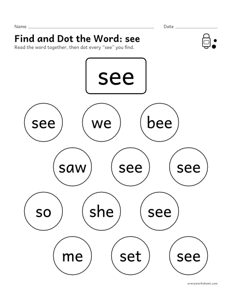Preview of the printable “Find and dot the Word: see” worksheet: finding the sight word see