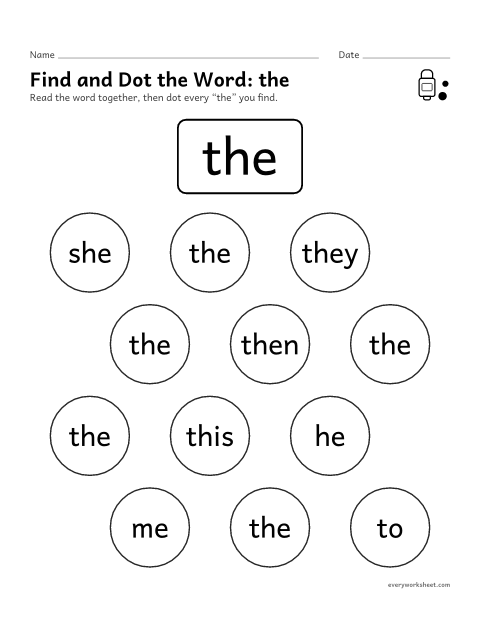 Preview of the printable “Find and dot the Word: the” worksheet: finding the sight word the